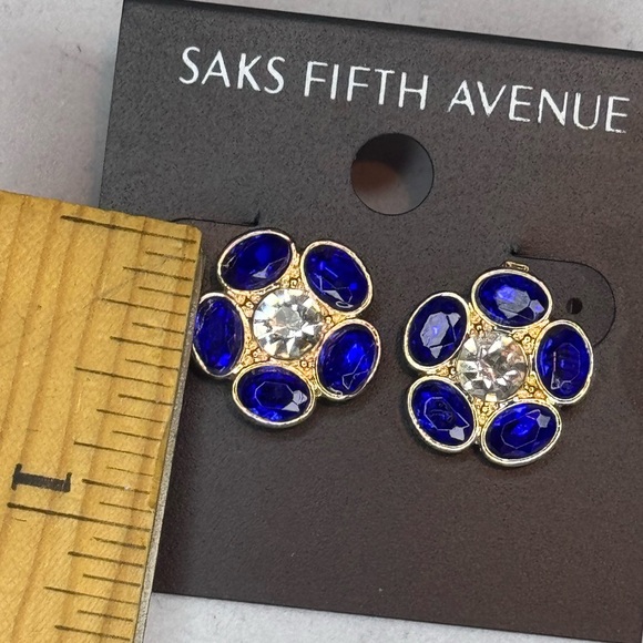 Saks Fifth Ave Gold Tone Blue Crystal Flower Post Earrings - Picture 7 of 8